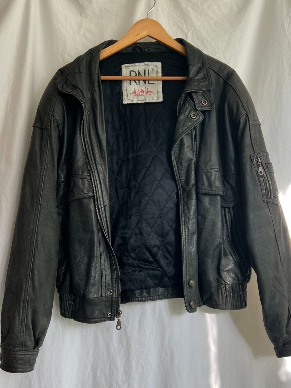 Vintage RNL International Black Leather Bomber Jacket Large Made in Korea